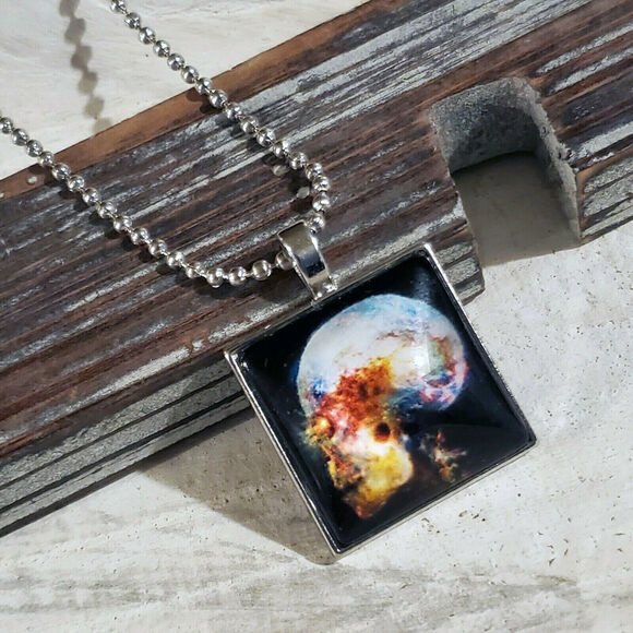 Handcrafted Nebula Skull Square Glass Cabochon Pendant  Necklace - Picture 1 of 4